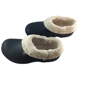 Crocs Blitzen III Navy Blue Clogs, With White Sherpa Liners, Mens 5, Womens 7